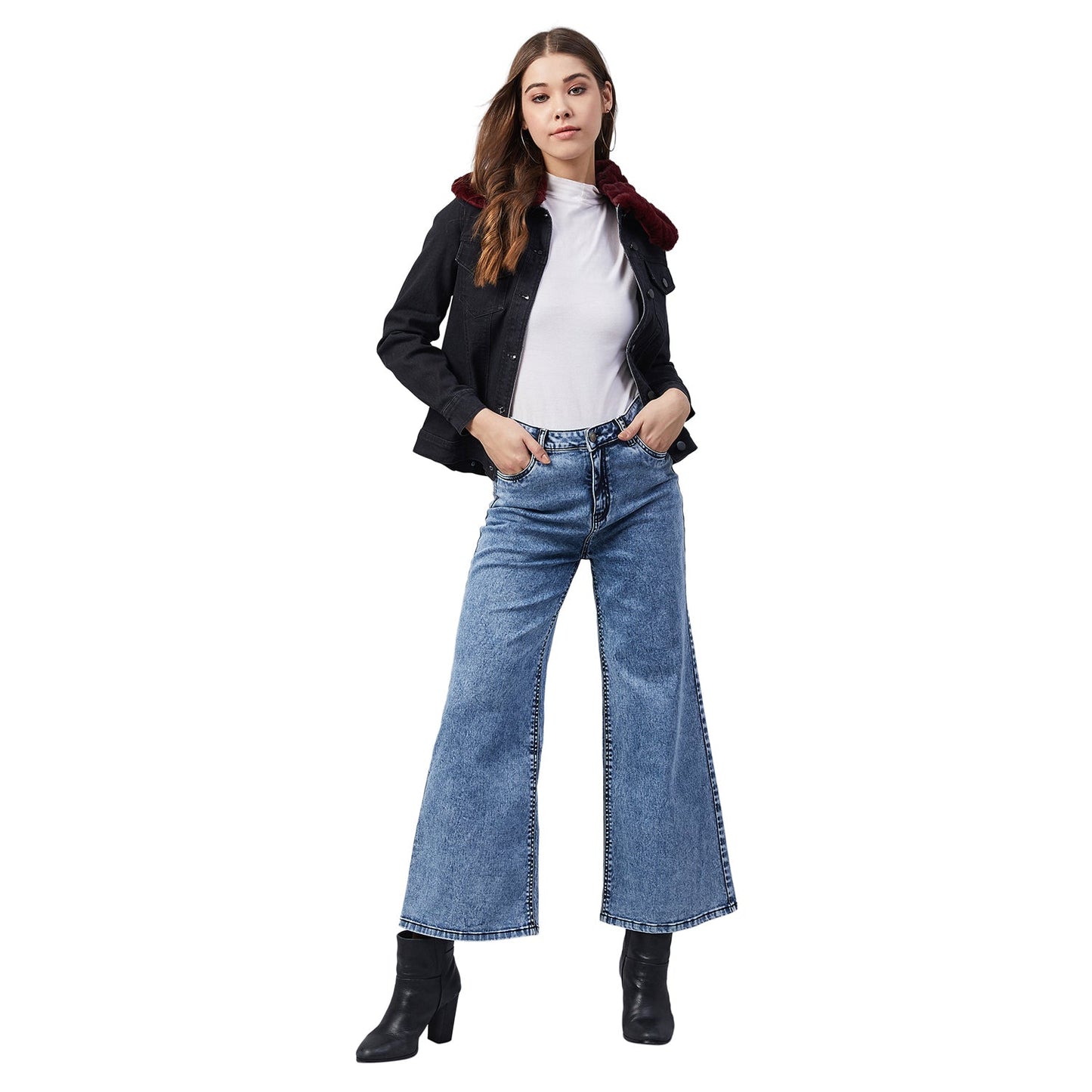 Women's Black Denim Jacket with Detachable Maroon Fur Collar