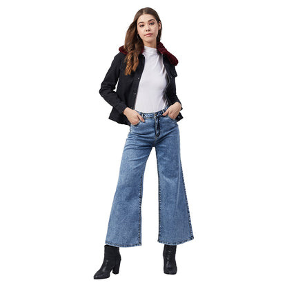 Women's Black Denim Jacket with Detachable Maroon Fur Collar