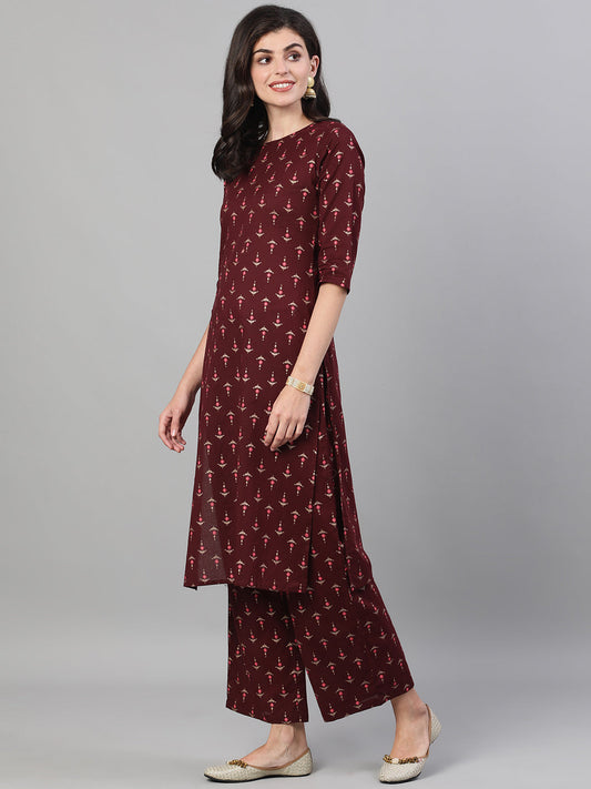 Women's Wine Three-Quarter Sleeves Printed Kurta-Palazzo with pockets and Face Mask