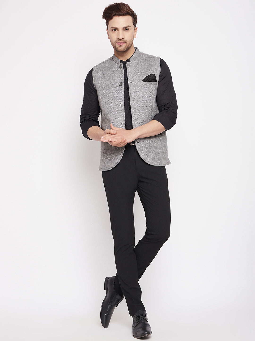 Men's Grey Color Woven Nehru Jacket