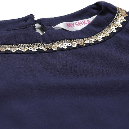 Women's Navy Blue Cotton Solid Sleeveless Round Neck Casual Kurta Palazzo Set