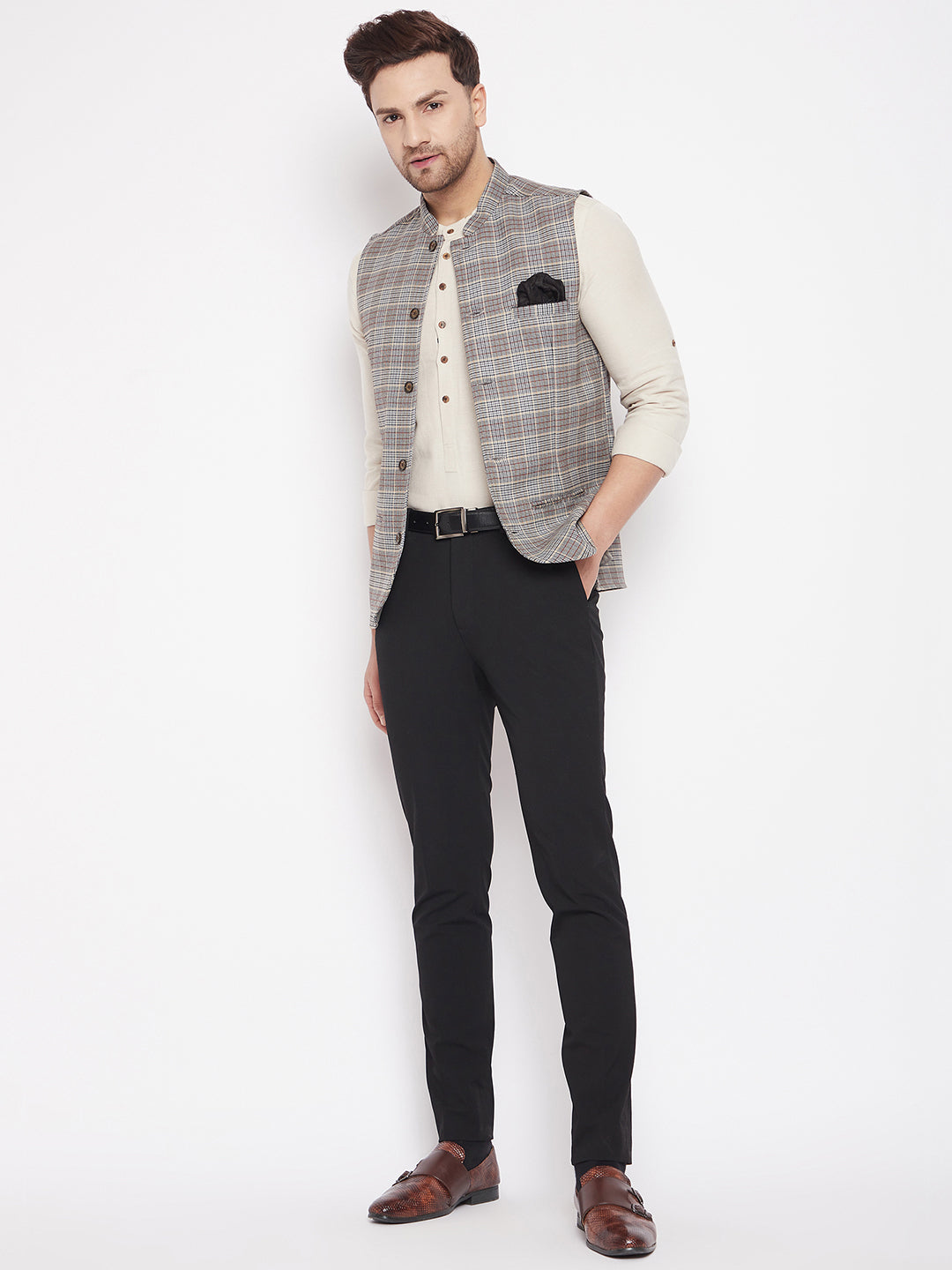 Men's Brown Color Woven Nehru Jacket