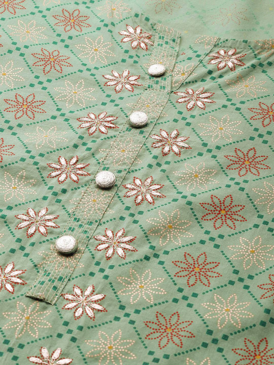 Women's Cotton Printed with Zari work & embroidered buttons detailing Kurta