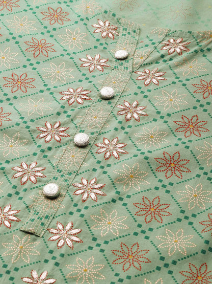 Women's Cotton Printed with Zari work & embroidered buttons detailing Kurta