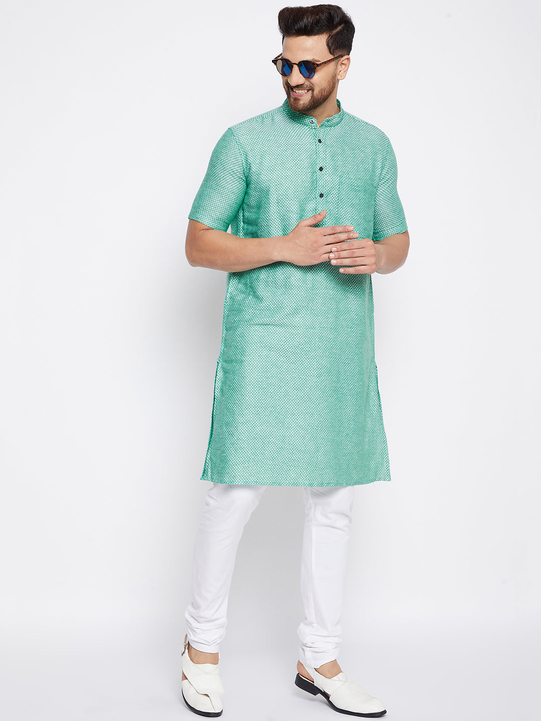 Men's Cotton Striped Green Kurta