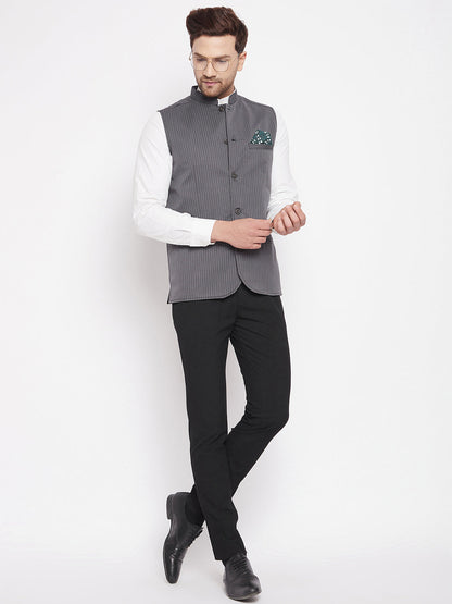 Men's Grey Color Woven Nehru Jacket