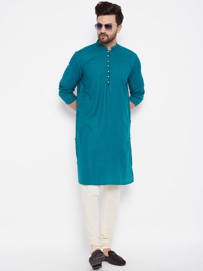 Men's Woven Design Blue Straight Kurta