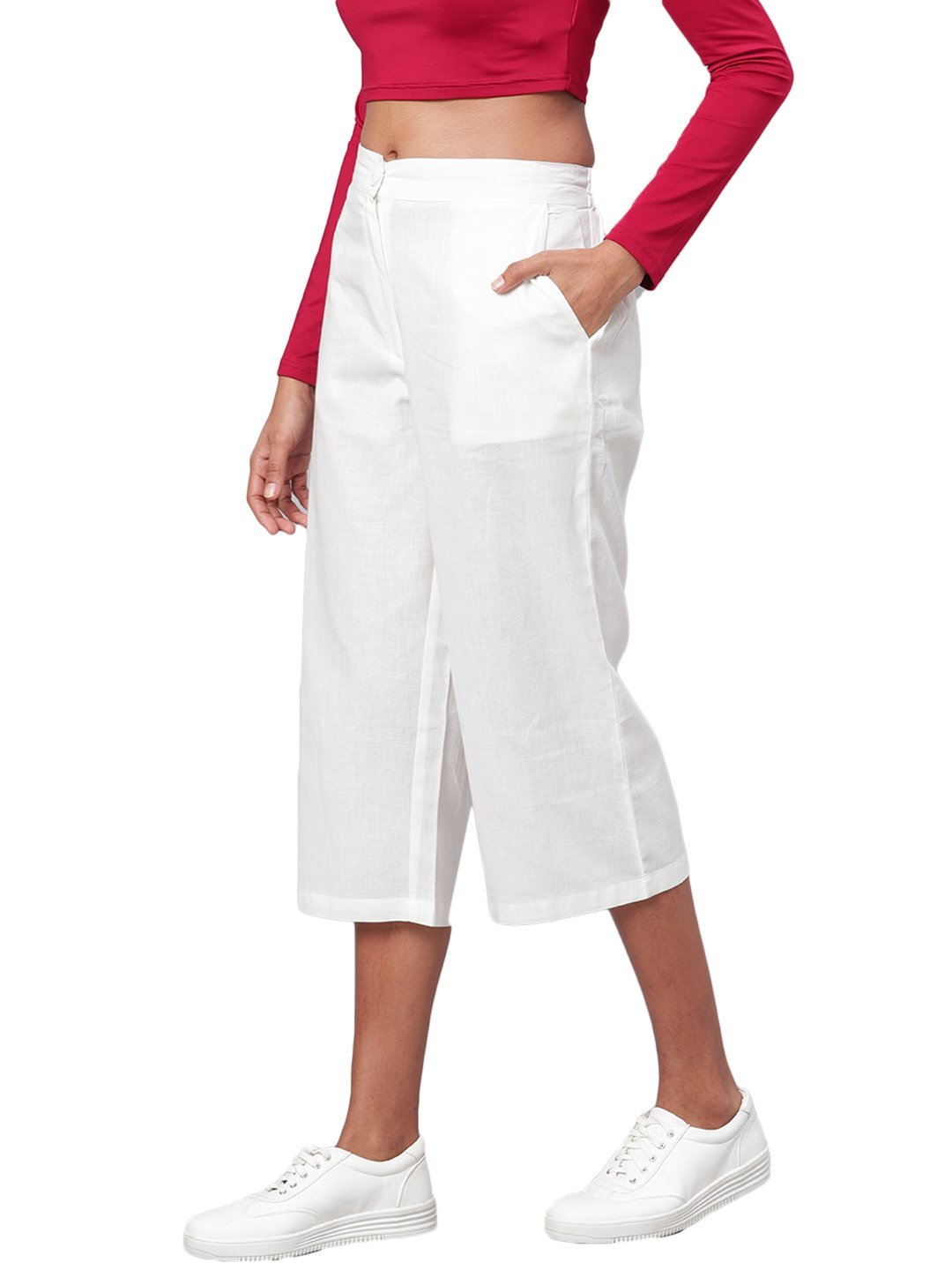 Women White Solid Cotton Trouser by Myshka