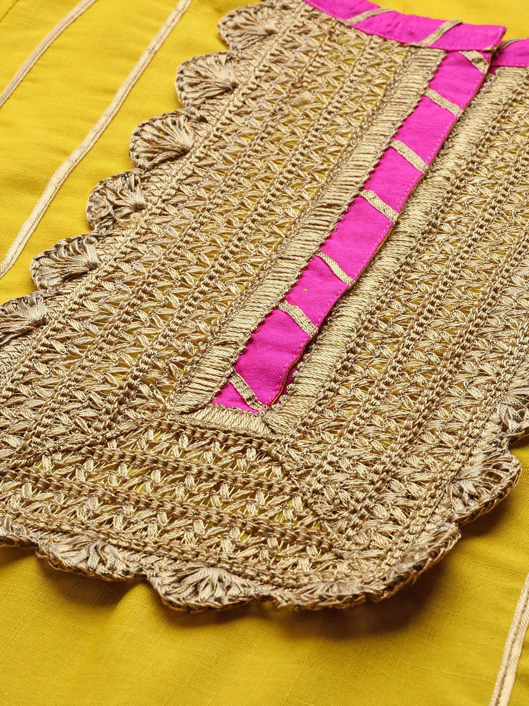 Women's Mustard Yellow And White Gotta Patti Striped Kurta With Block Printed Skirt
