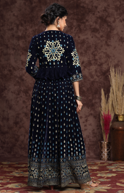 Women's Indigo Velvet Printed Lehenga Choli Dupatta Set