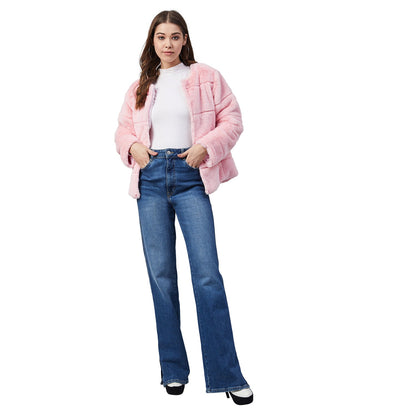 Women's Pink Faux Fur Open Jacket