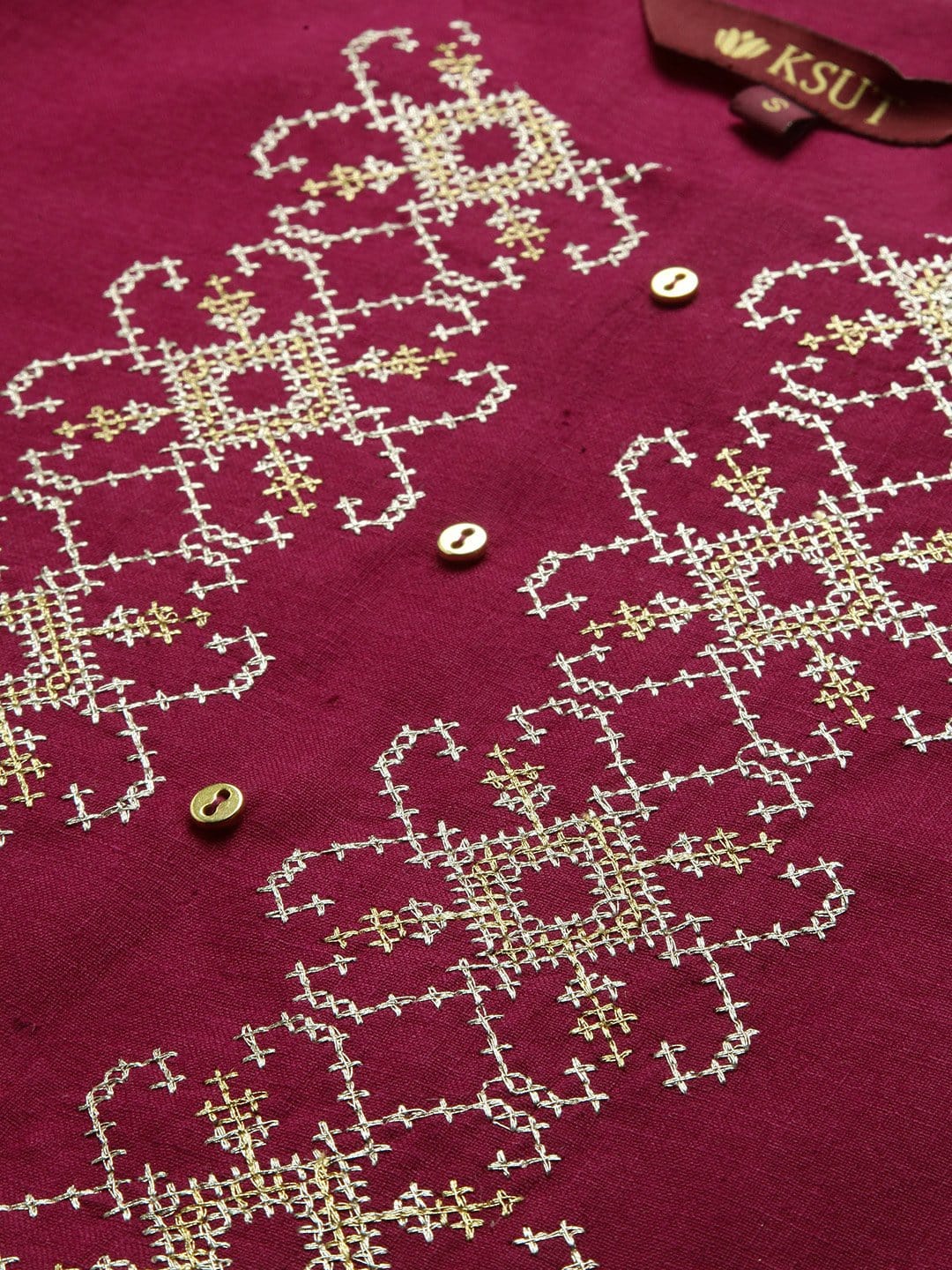 Women's KSUT Fuchsia And Gold Yoke Embroidery Kurta With 3/4Th Sleeves