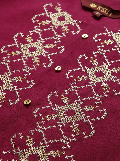 Women's KSUT Fuchsia And Gold Yoke Embroidery Kurta With 3/4Th Sleeves