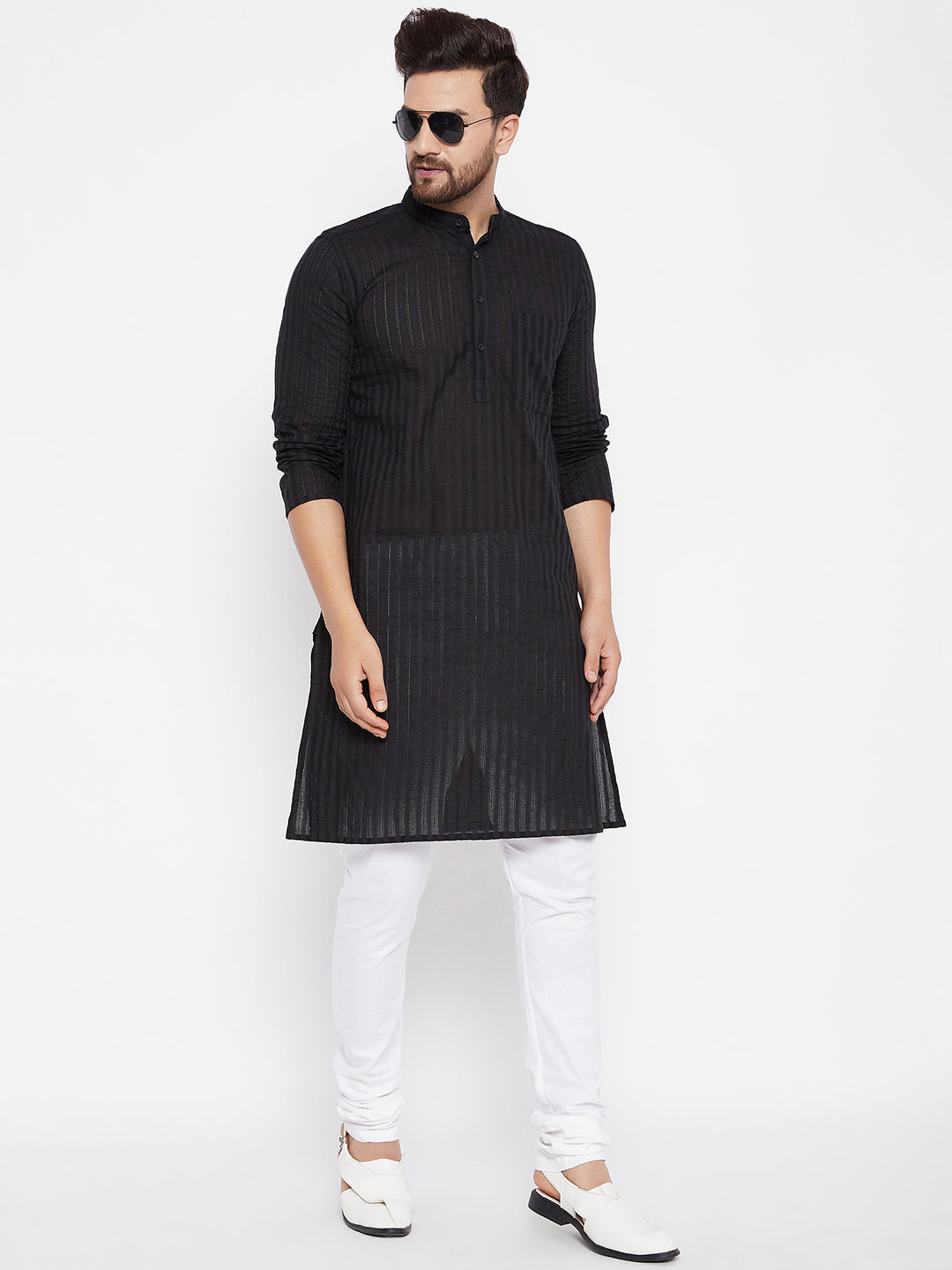 Men's Cotton Striped Black Kurta