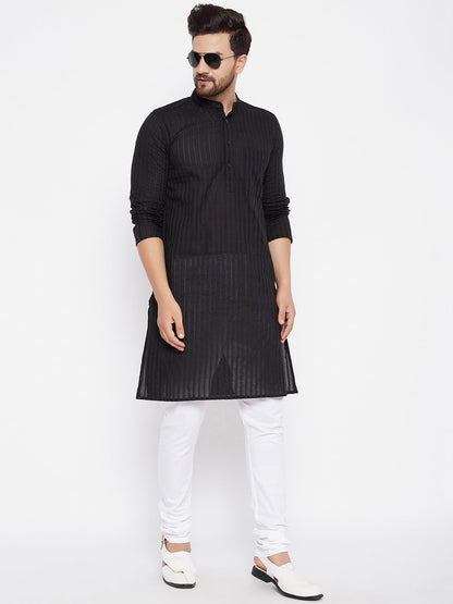 Men's Cotton Striped Black Kurta