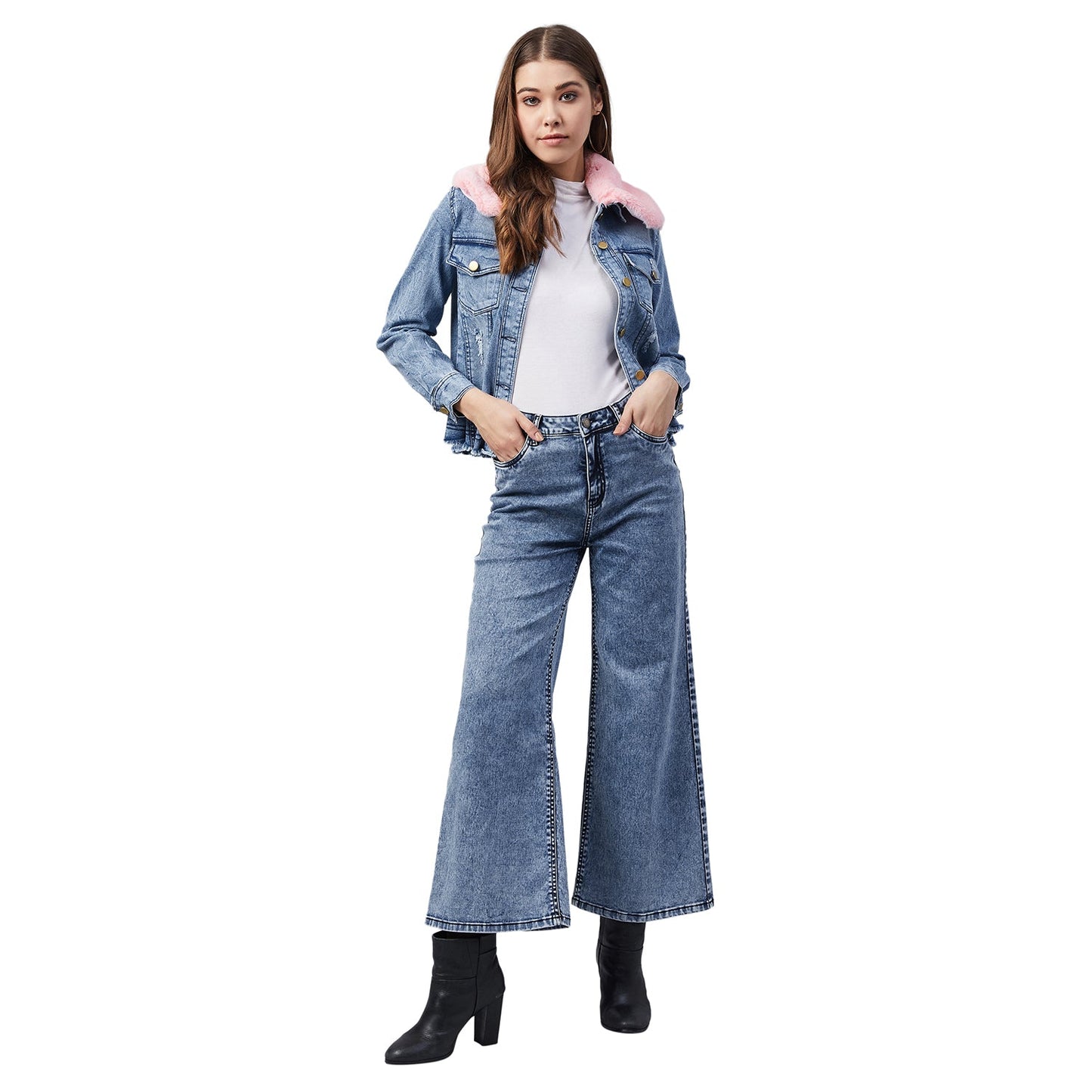Women's Distressed Denim Jacket with Detachable Pink Fur Collar