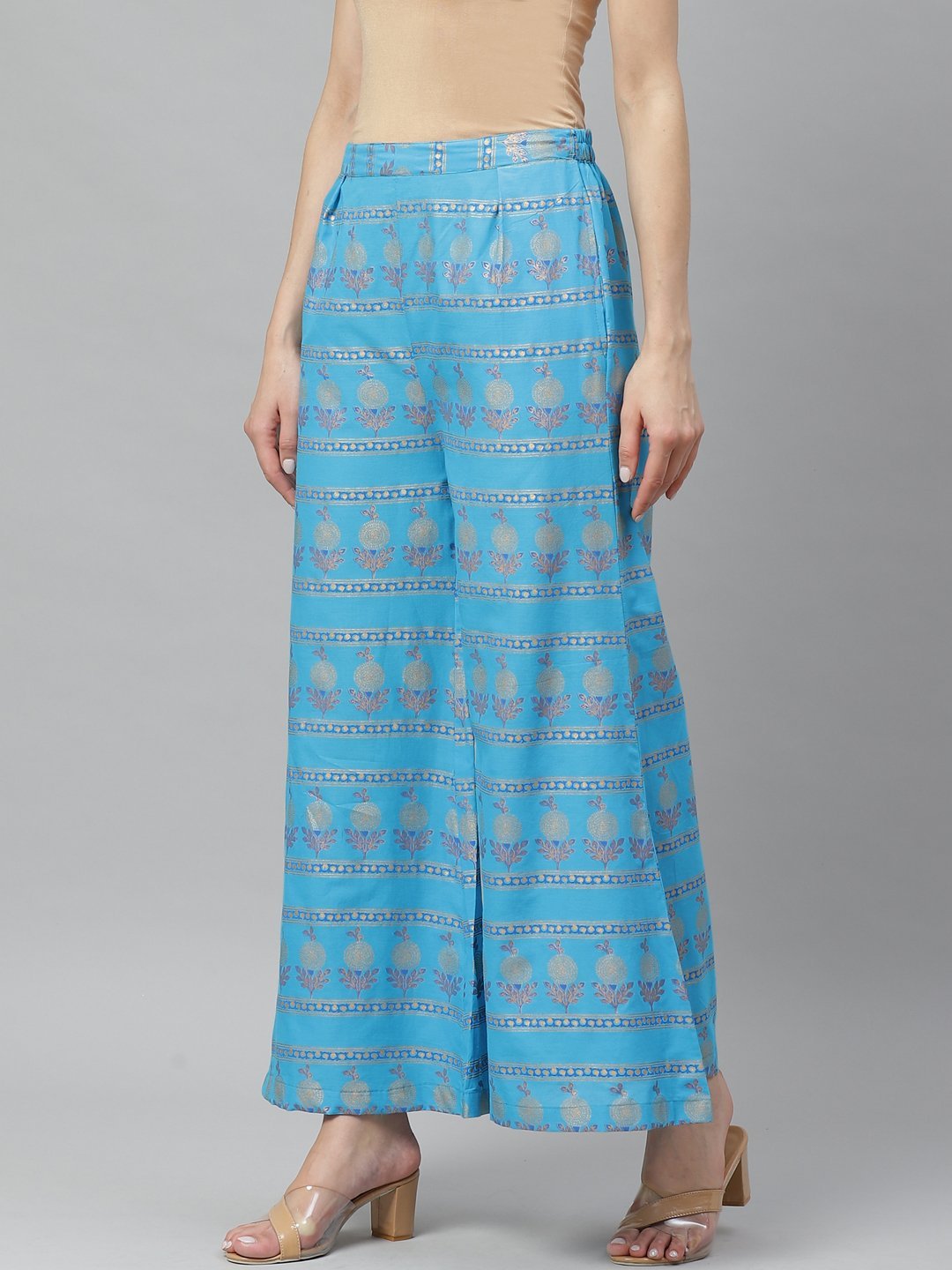 Women's Green Cotton Printed Casual Palazzo