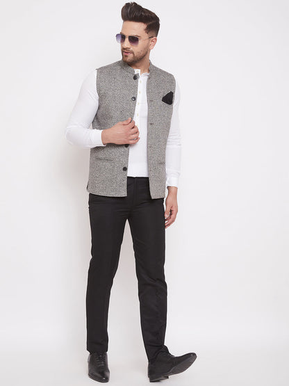 Men's Solid Grey Wool Nehru Jacket