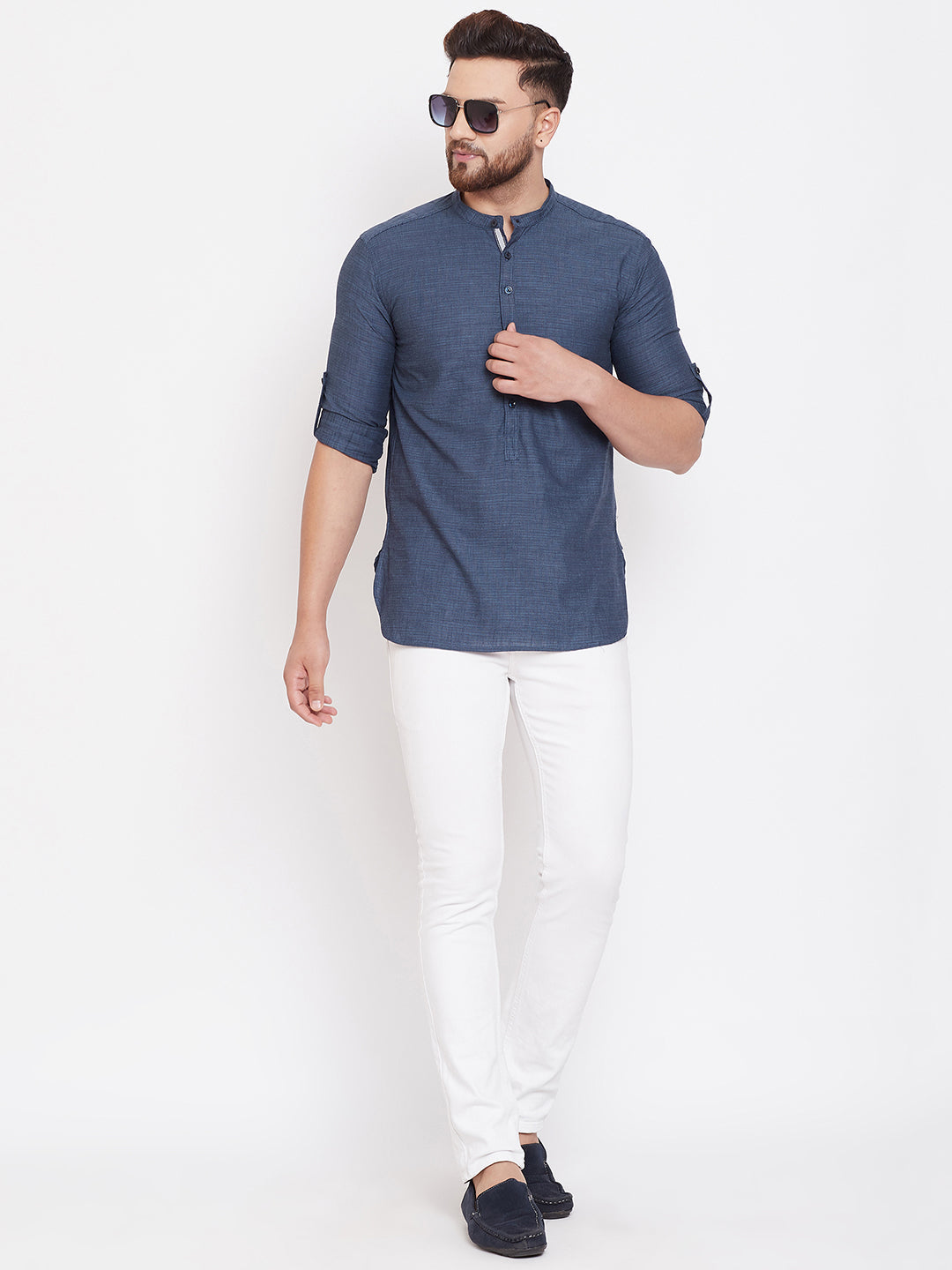 Men's Woven Design Navy Blue Shirt Kurta