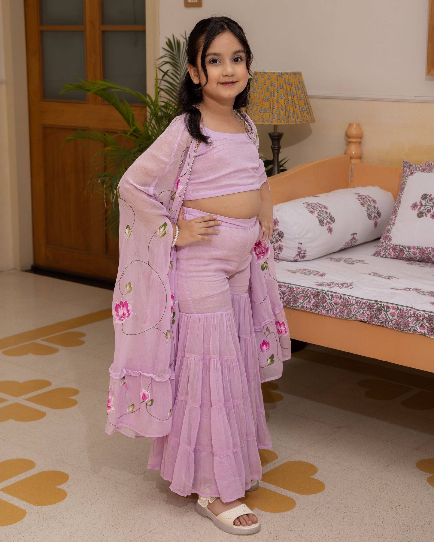 Girl's Gardenia Lavender Handpainted Georgette Co ord Set