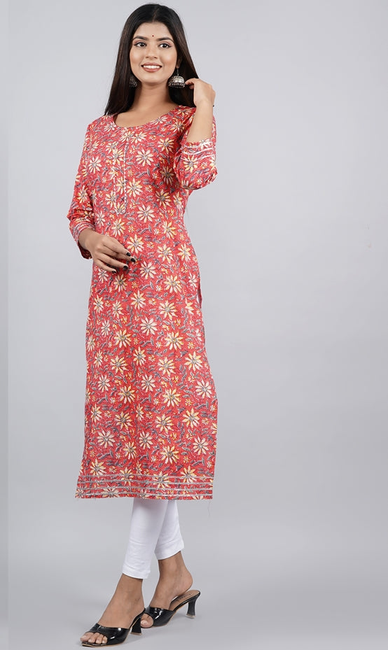Women's Red Floral Print Straight Kurta