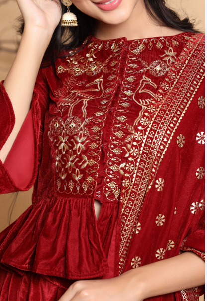Women's Maroon Velvet Emboss Print Lehenga Choli Dupatta Set