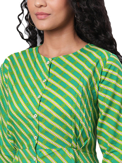 Women's Green Printed 3/4 Sleeve Cotton Round Neck Casual Dress