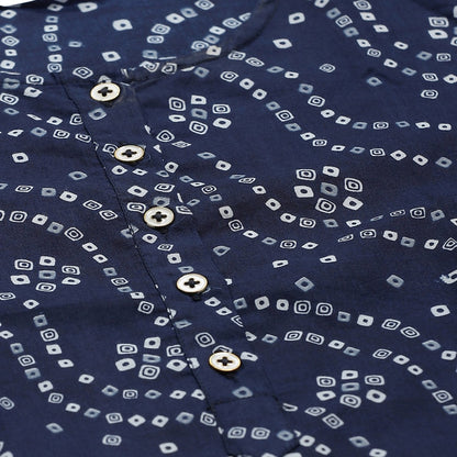 Women's Navy Blue Cotton Printed 3/4 Sleeve Round Neck Casual Kurta Palazzo Set