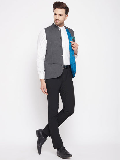 Men's Grey Color Nehru Jacket-Contrast Lining-Free Pocket Square