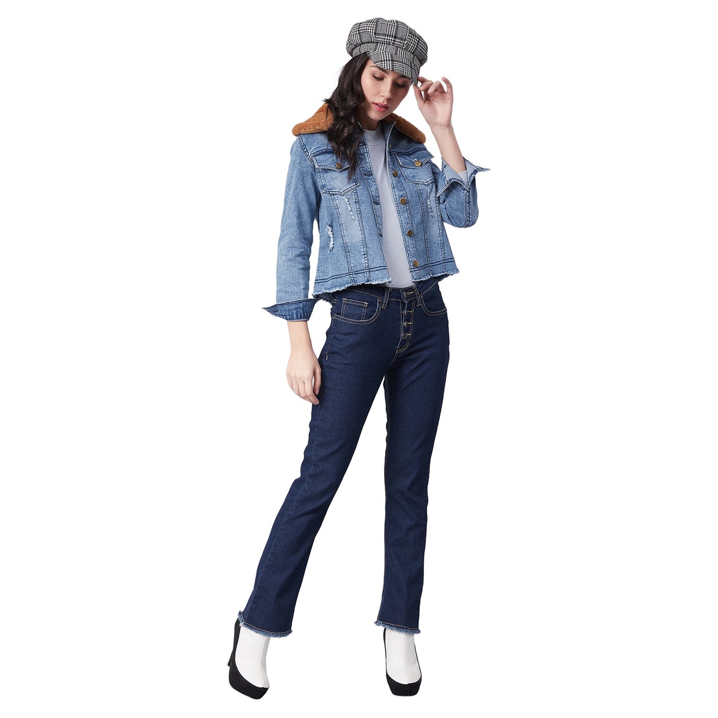 Women's Distressed Denim Jacket with Detachable Brown Fur Collar