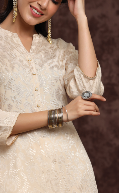 Women's Ivory Rayon Jacquard Straight Kurta