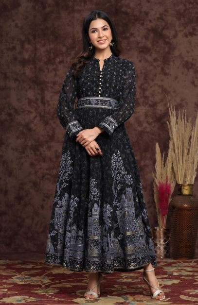 Women's Georgette Printed Flared Dress With Belt