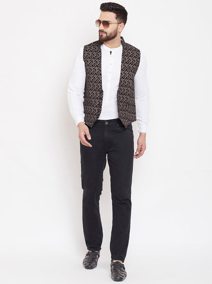 Men's Printed Brown Cotton Waistcoat