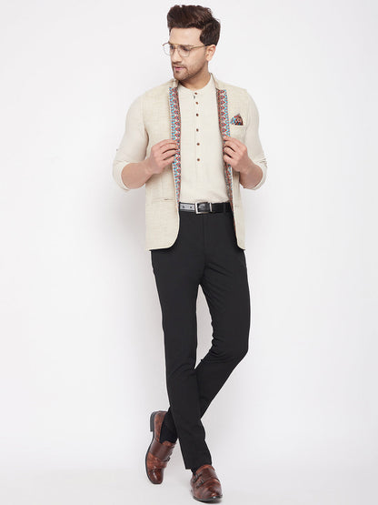 Men's Beige Color Woven Nehru Jacket
