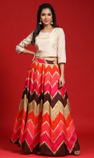 Women's Coral Silk Printed Lehenga With Silk Lurex Choli