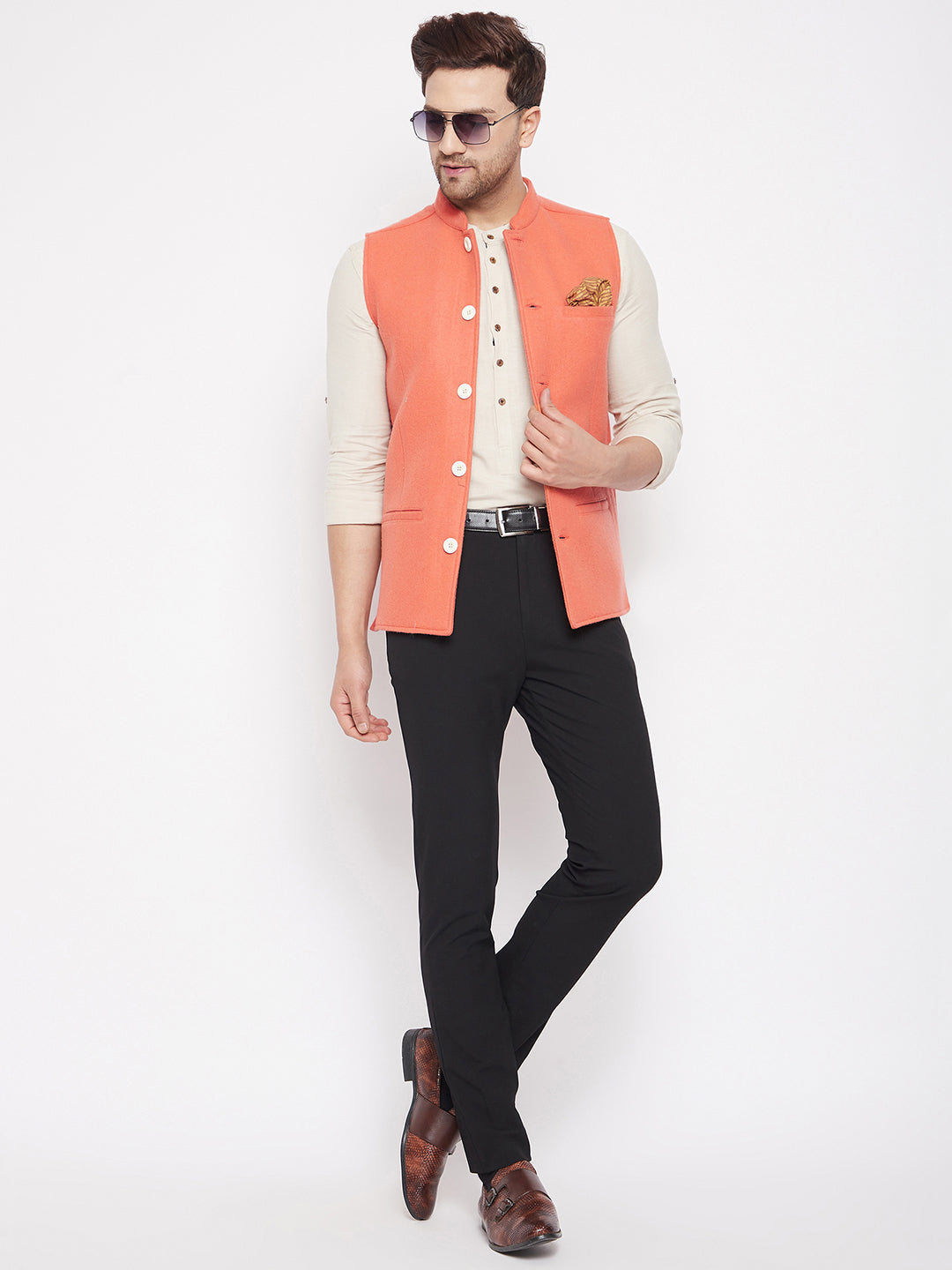 Men's Orange Color Woven Nehru Jacket