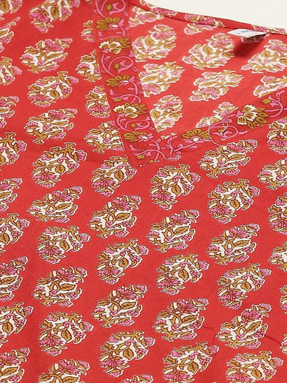 Women's Red & White Ethnic Hand Printed Cotton Kurta with Salwar & Dupatta