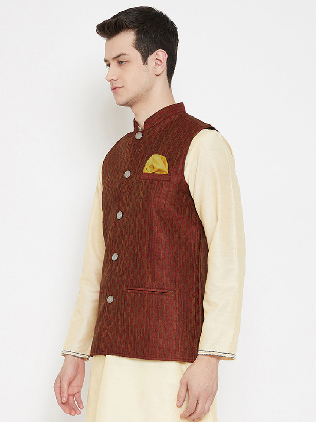 Men's Jacquard Maroon Silk Nehru Jacket