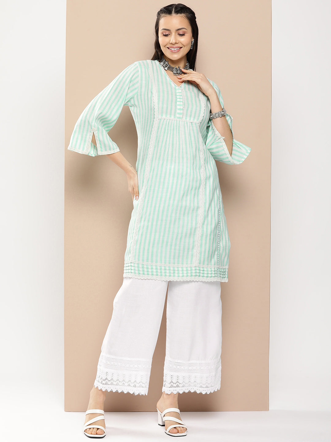 Women's Sea Green And White Striped Kurta With Lace Detailing & Off White Palazzos