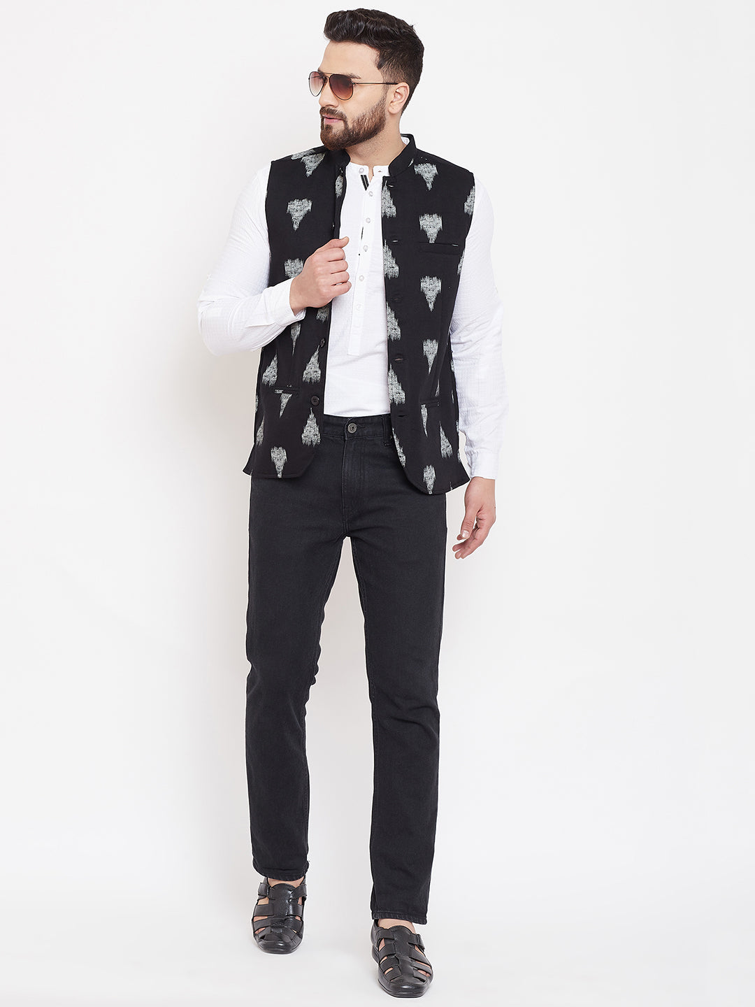 Men's Black Geometric Print Nehru Jacket