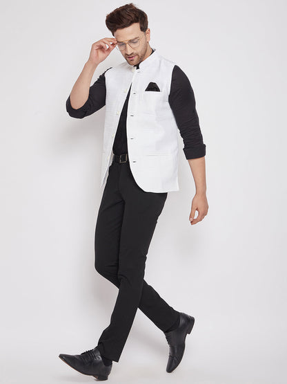 Men's White Color Woven Nehru Jacket