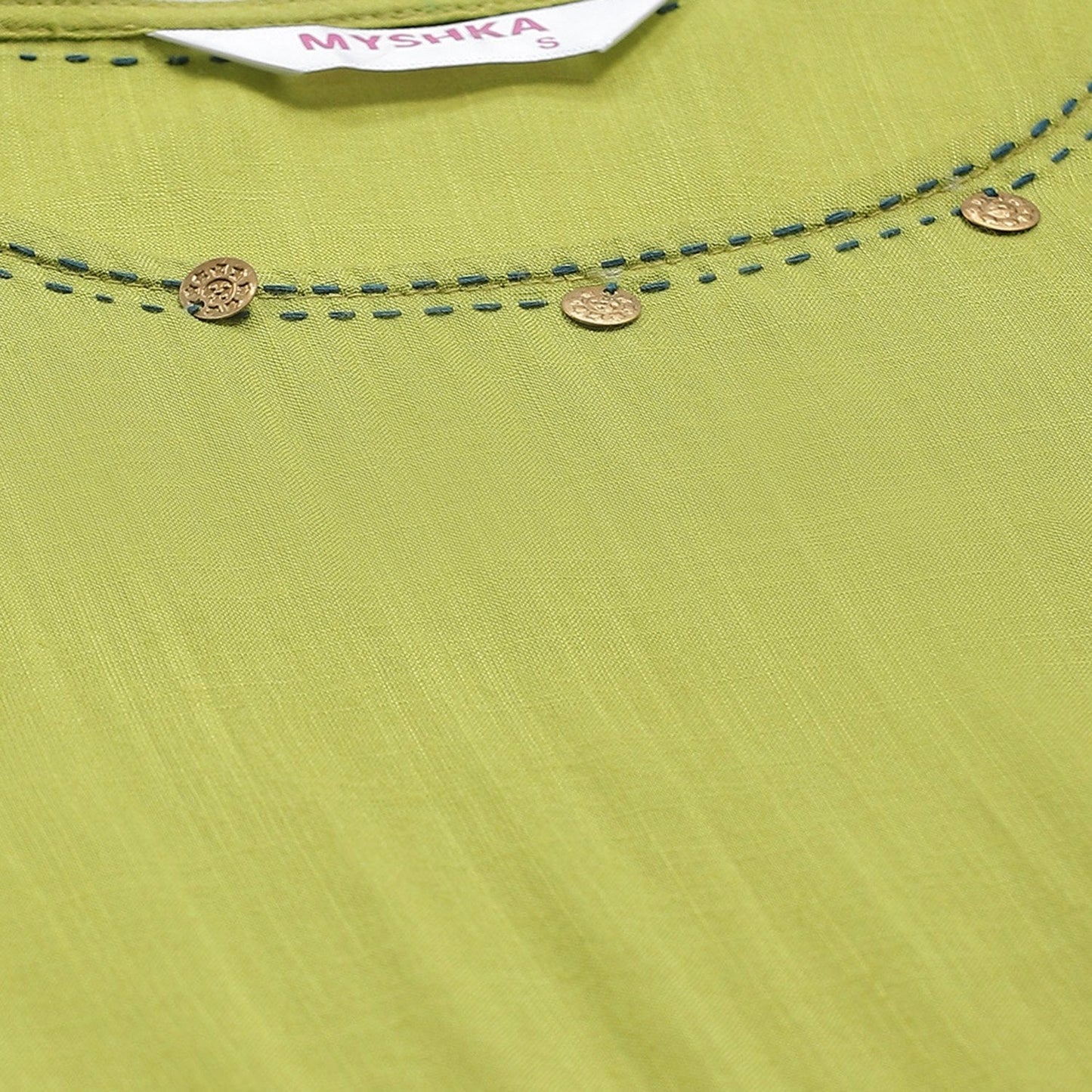 Women's Green Cotton Solid Full Sleeve Round Neck Casual Anarkali Kurta With Dupatta