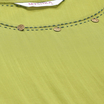 Women's Green Cotton Solid Full Sleeve Round Neck Casual Anarkali Kurta With Dupatta