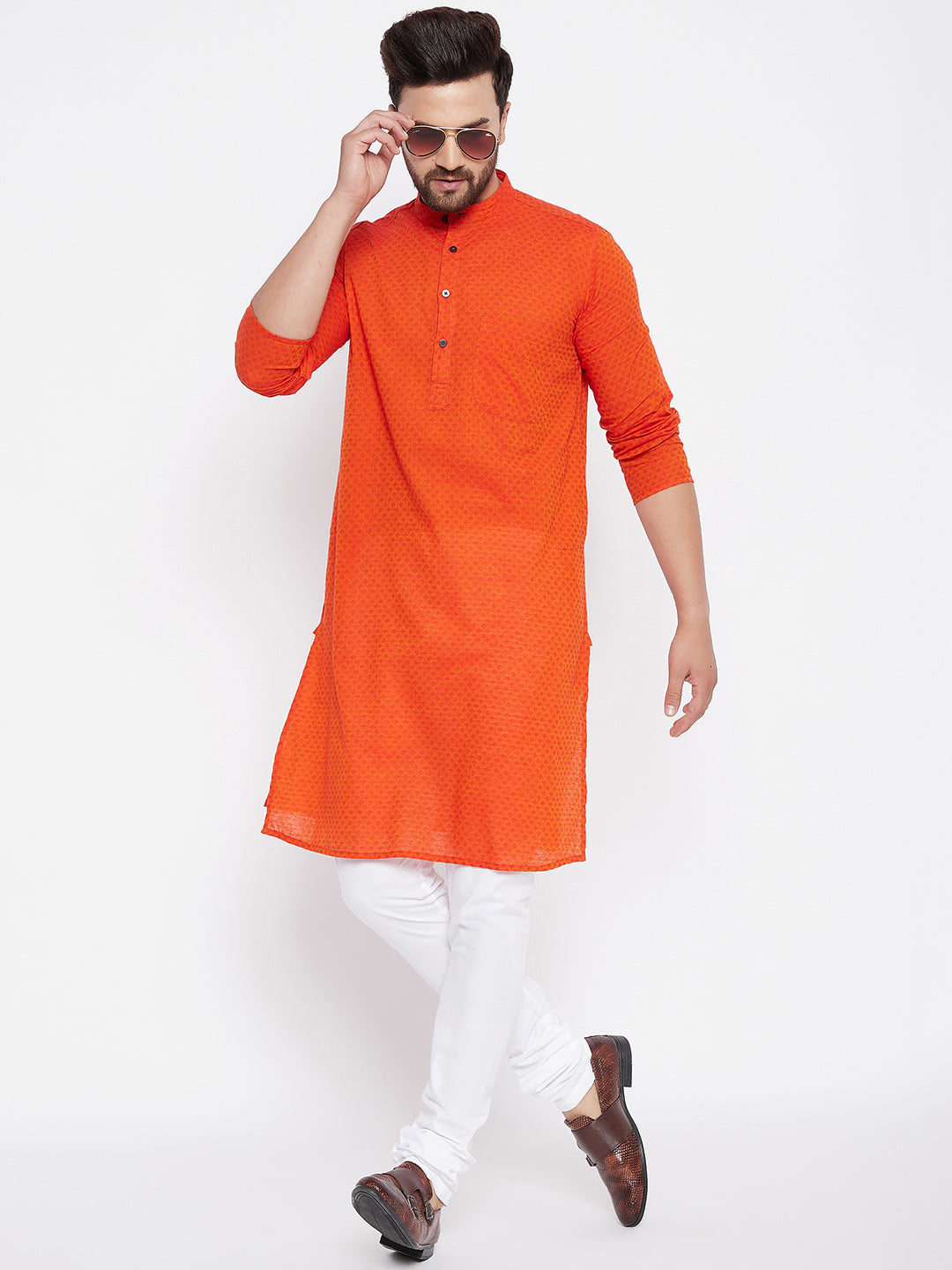 Men's Cotton Orange Straight Kurta