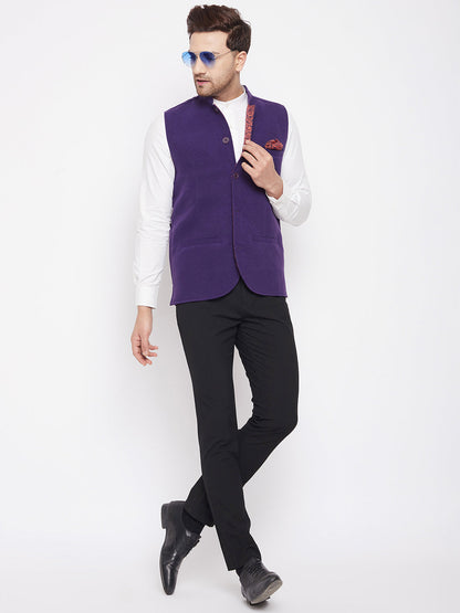 Men's Purple Color Nehru Jacket-Contrast Lining-Inbuilt Pocket Square