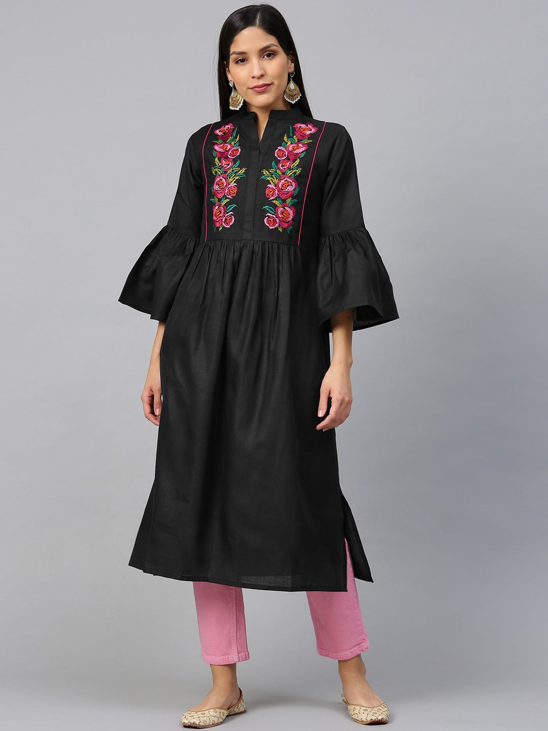 Women's Black & Pink Floral Embroidered Yoke Design Straight Kurta