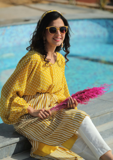 Women's Mustard Georgette Polka Print High-Low Tunic