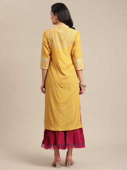 Women's Mustard Bandhej Printed Kurta With Pink Cord Pipen Detailing