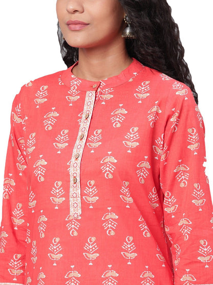 Women's Orange Printed 3/4 Sleeve Cotton Round Neck Kurta & Pant Set