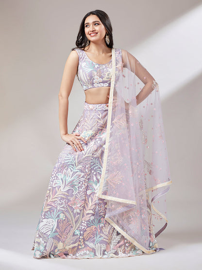 Women 's Muave Net Sequinse Work Ready to Wear Lehenga & stitched Blouse with Dupatta